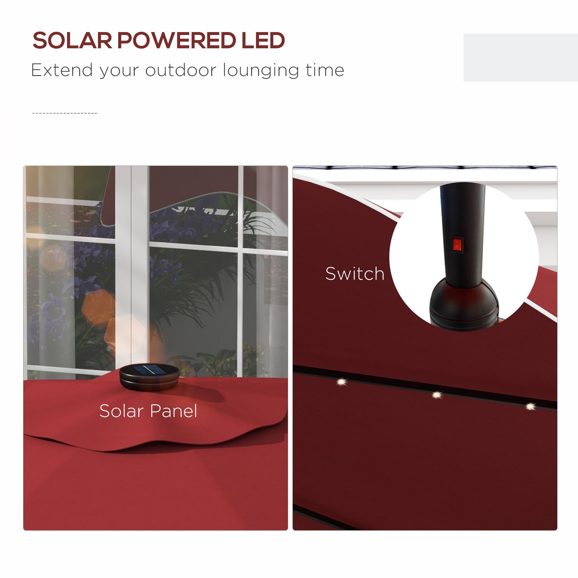 Solar Patio Umbrella with LED and Tilt, Outdoor Market Table Umbrella Parasol with Crank, 10 x 10 ft, Wine Red Sun Umbrellas   at Gallery Canada