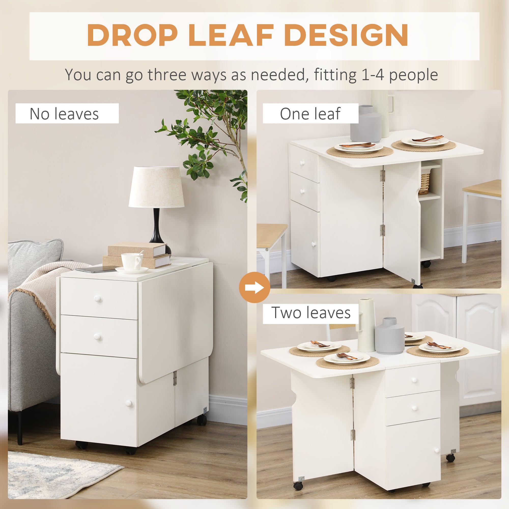 Extendable Dining Table, Drop Leaf Table with 2 Drawers, Cabinet and 6 Wheels for Small Spaces, Kitchen, White Bar Tables & Dining Tables at Gallery Canada