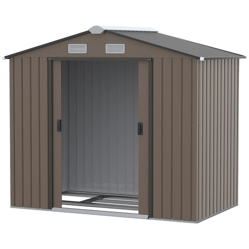 7' x 4' x 6' Garden Storage Shed Outdoor Patio Metal Tool Storage House w/ Foundation Kit and Double Doors Brown