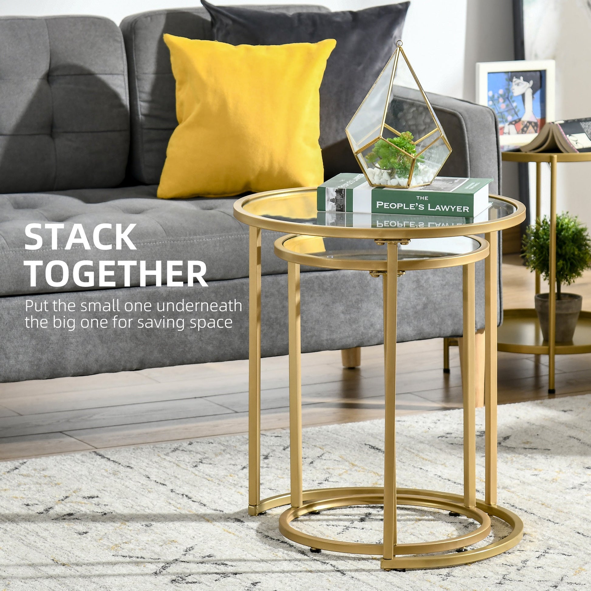 Set of 2 Nesting Coffee Tables with Metal Base, Round Side Table with Tempered Glass Tabletop for Living Room, Bedroom, Gold Side Tables   at Gallery Canada