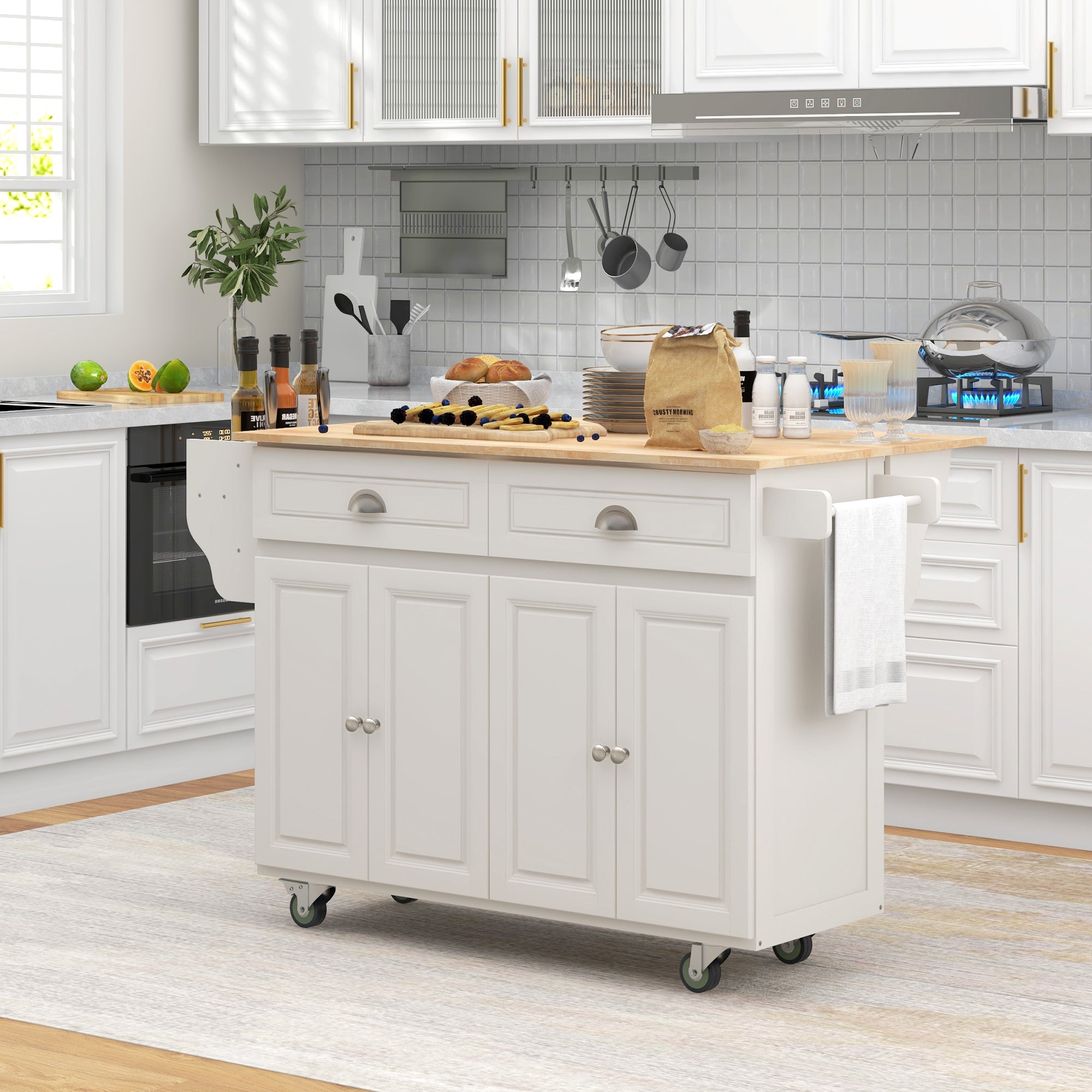 Kitchen Island with Storage, Rolling Kitchen Island with Drop Leaf, Rubber Wood Top and Adjustable Shelves, Cream White Kitchen Islands & Kitchen Carts at Gallery Canada