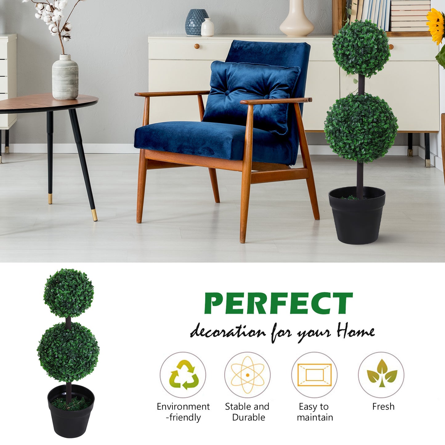 2 Ball Topiary Tree in Pot for Home Decor, Artificial Plant for Home Office, Living Room Decor, Dark Green Artificial Trees   at Gallery Canada