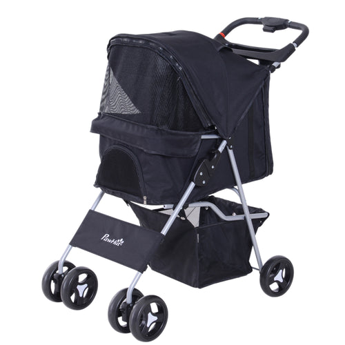 Dog Stroller, Foldable Pet Stroller for XS and Small Dogs and Cats, 4 Wheels Travel Carrier with Cup Holder, Storage Basket, 360° Wwiveling Front Wheels, Black