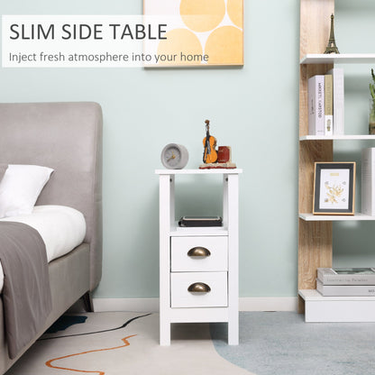 Slim End Table with 2 Drawers and Storage Shelf, Sofa Side Table for Living Room, Narrow Nightstand, White Side Tables   at Gallery Canada