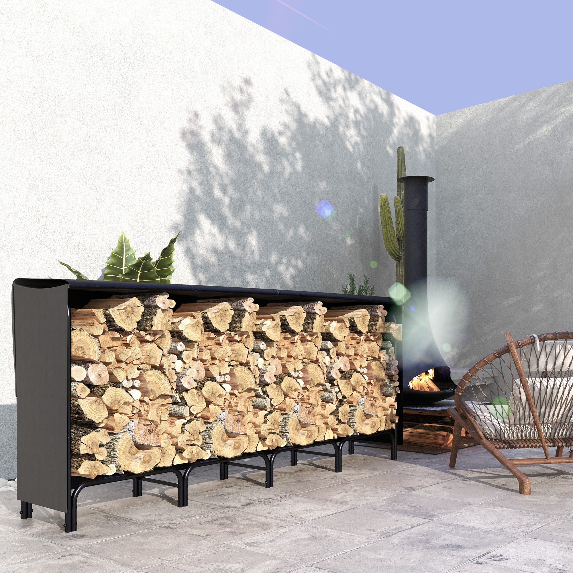 8ft Outdoor Firewood Rack with Cover and Carrier, Adjustable Wood Storage Holder, Indoor Outdoor Log Rack, Black Firewood Racks at Gallery Canada
