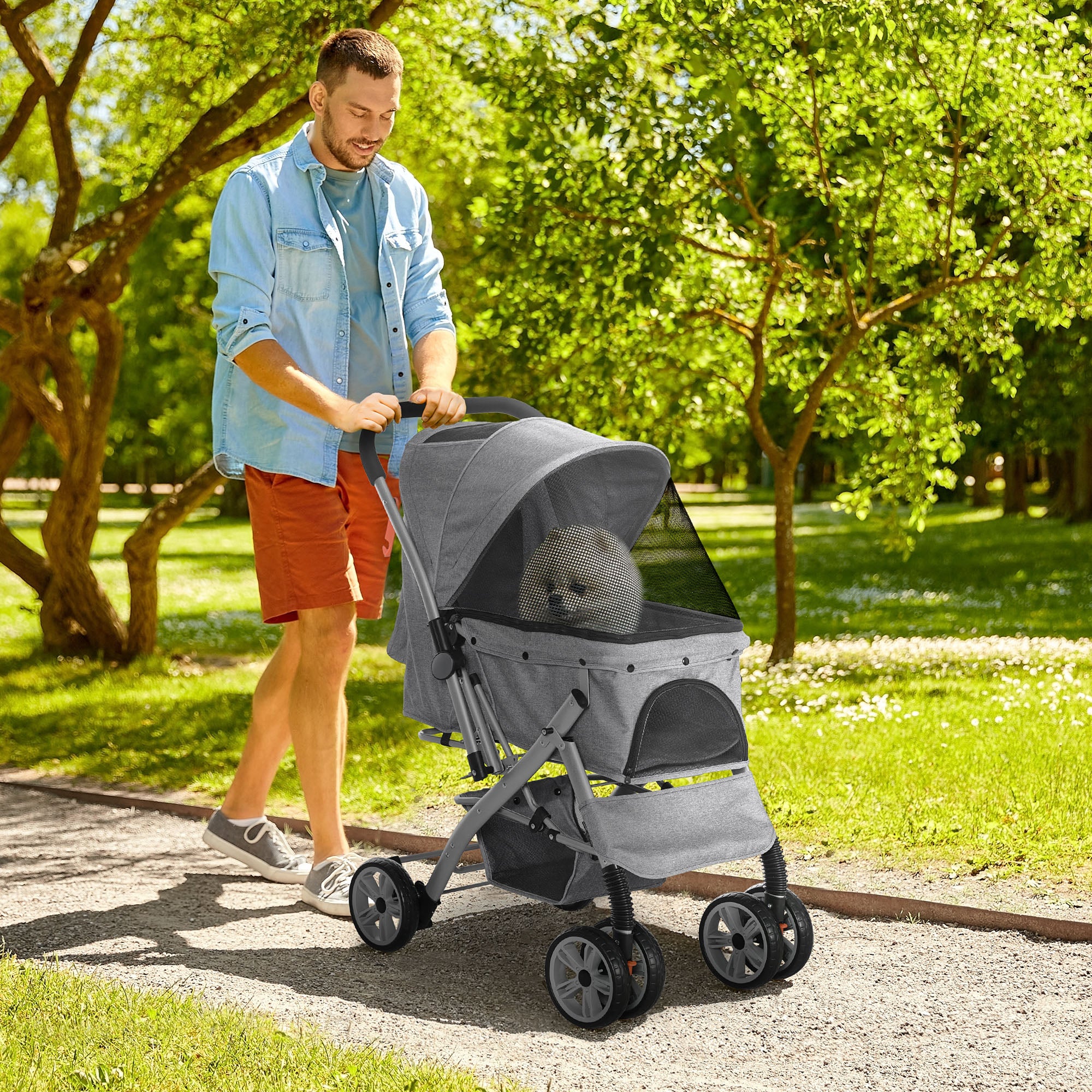 4 Wheels Pet Stroller w/ Reversible Handle, Foldable Dog Cat Travel Carriage w/ EVA Wheels Basket Storage Bag 3-stage Canopy Grey Dog Bike Trailers & Strollers at Gallery Canada