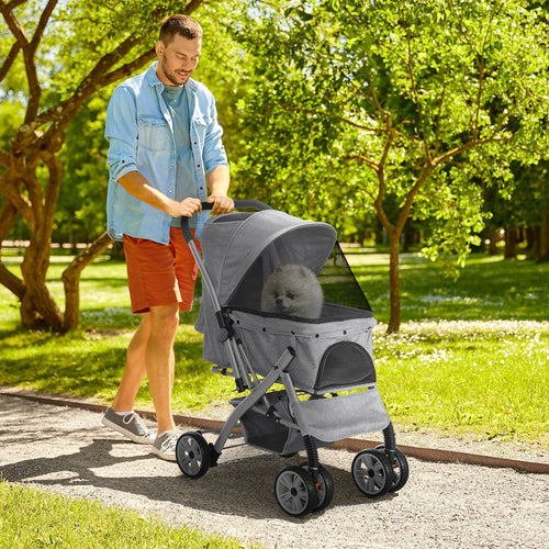 4 Wheels Pet Stroller w/ Reversible Handle, Foldable Dog Cat Travel Carriage w/ EVA Wheels Basket Storage Bag 3-stage Canopy Grey