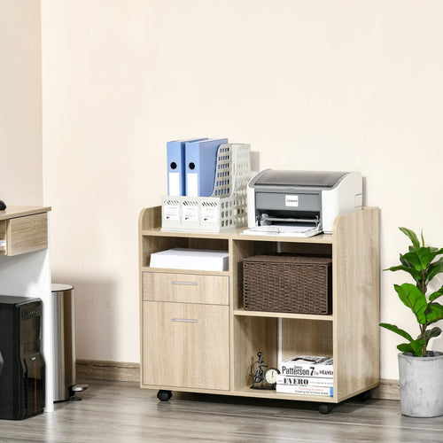 Lateral Filing Cabinet, Printer Stand with Wheels, Mobile File Cabinet with Drawer for Letter or A4 File, Home Office, Oak