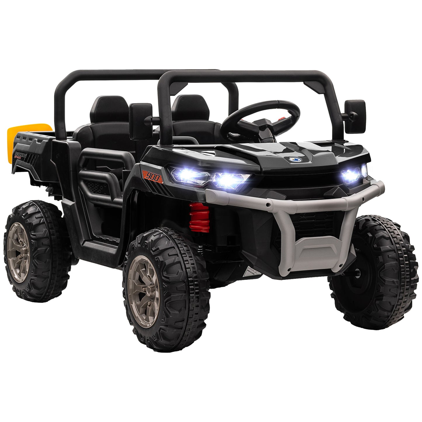 12V Ride on Car with Electric Bucket, Two-Seater, Shovel, Remote Control, Spring Suspension, Horn, Music, Black Electric Toy Cars   at Gallery Canada