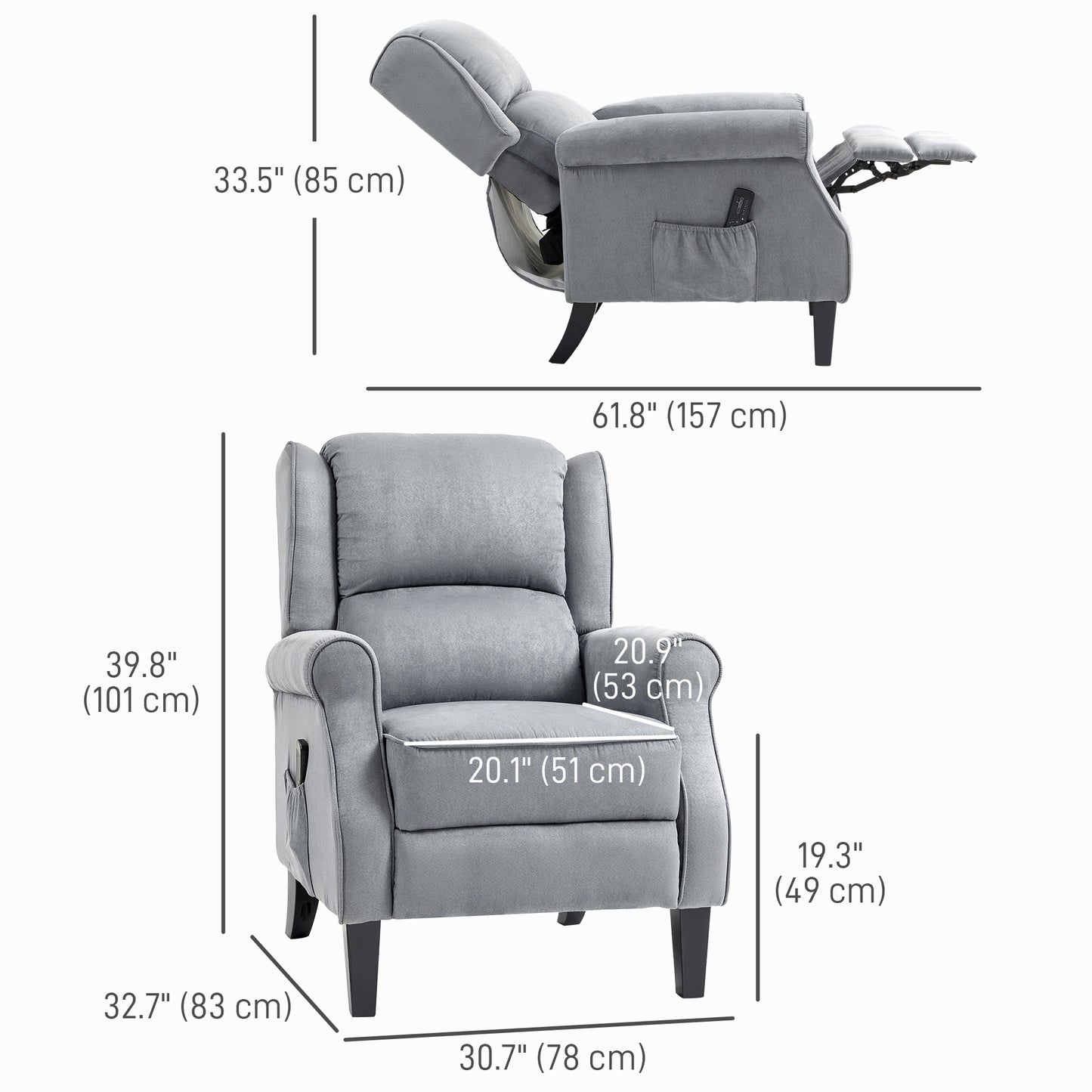 Push Back Recliner Chair, Vibration Massage Recliner for Living Room with Extendable Footrest, Remote, Pocket, Grey Single Sofas   at Gallery Canada