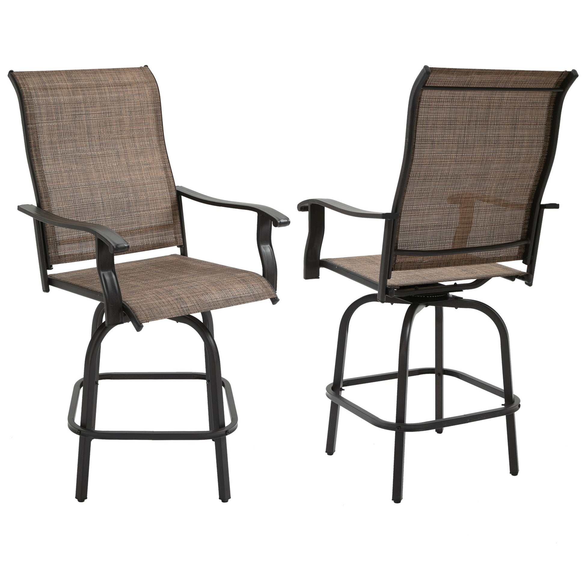 Outdoor Bar Stools Set of 2, Swivel Bar Height Chairs with High Back, Curved Armrests and Steel Frame for Balcony, Brown - Gallery Canada