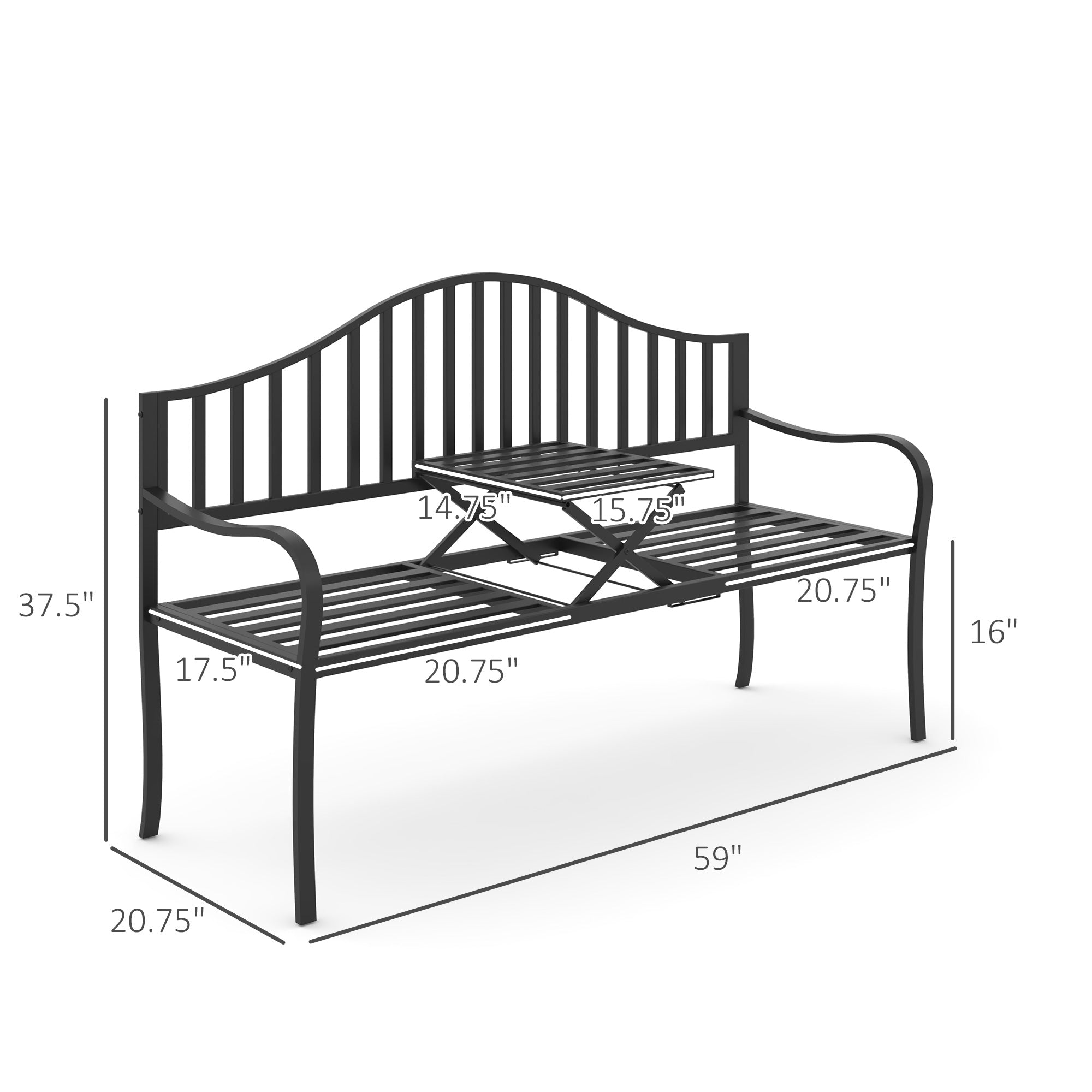 Outdoor Bench with Retractable Middle Table, Metal Frame Patio Loveseat with Slatted Seat and Backrest, Curved Armrests, Black Outdoor Benches   at Gallery Canada