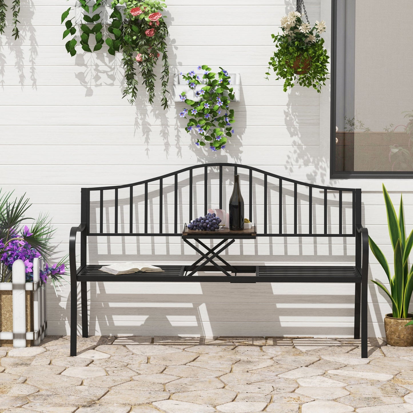 Outdoor Bench with Retractable Middle Table, Metal Frame Patio Loveseat with Slatted Seat and Backrest, Curved Armrests, Black Outdoor Benches   at Gallery Canada