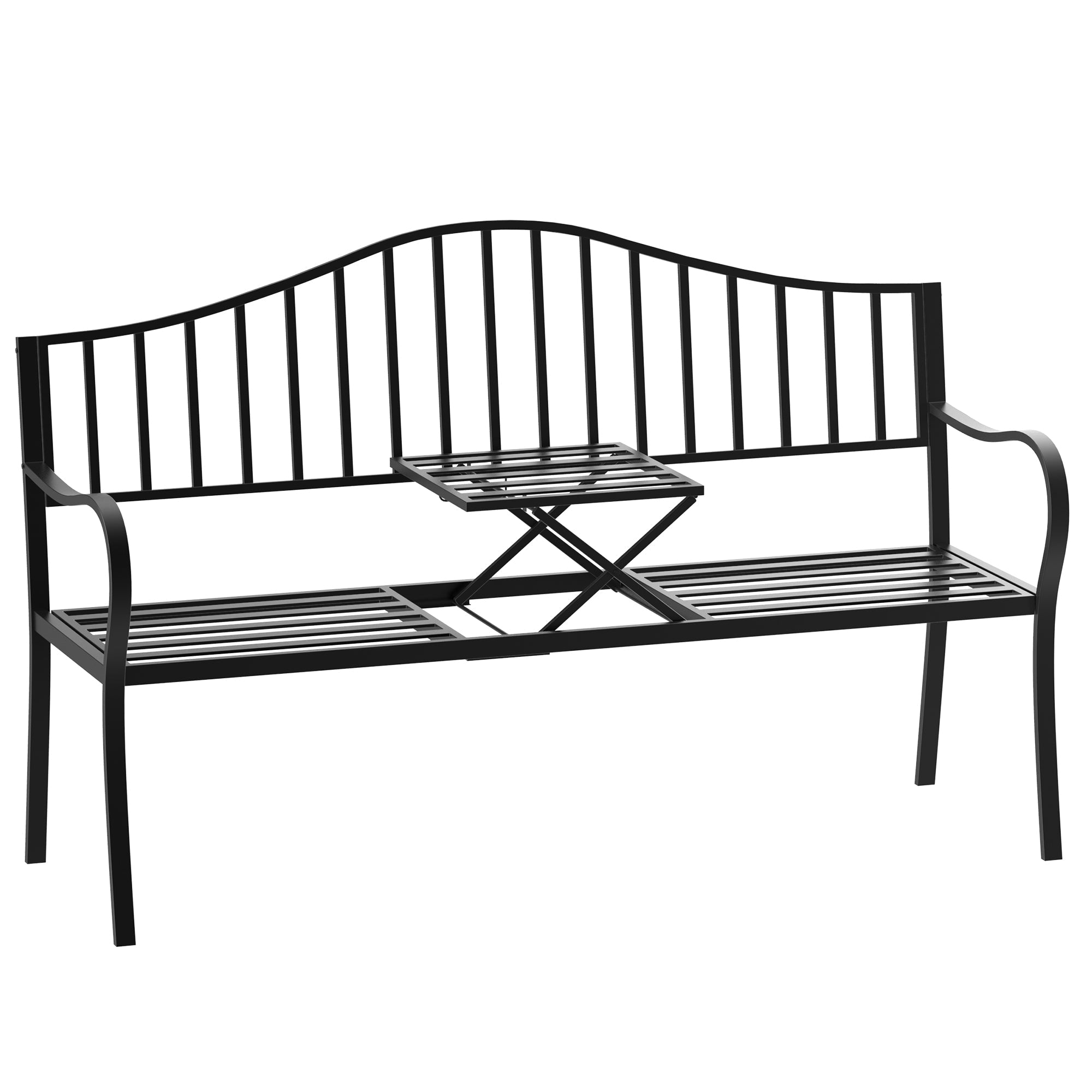 Outdoor Bench with Retractable Middle Table, Metal Frame Patio Loveseat with Slatted Seat and Backrest, Curved Armrests, Black Outdoor Benches Options  at Gallery Canada