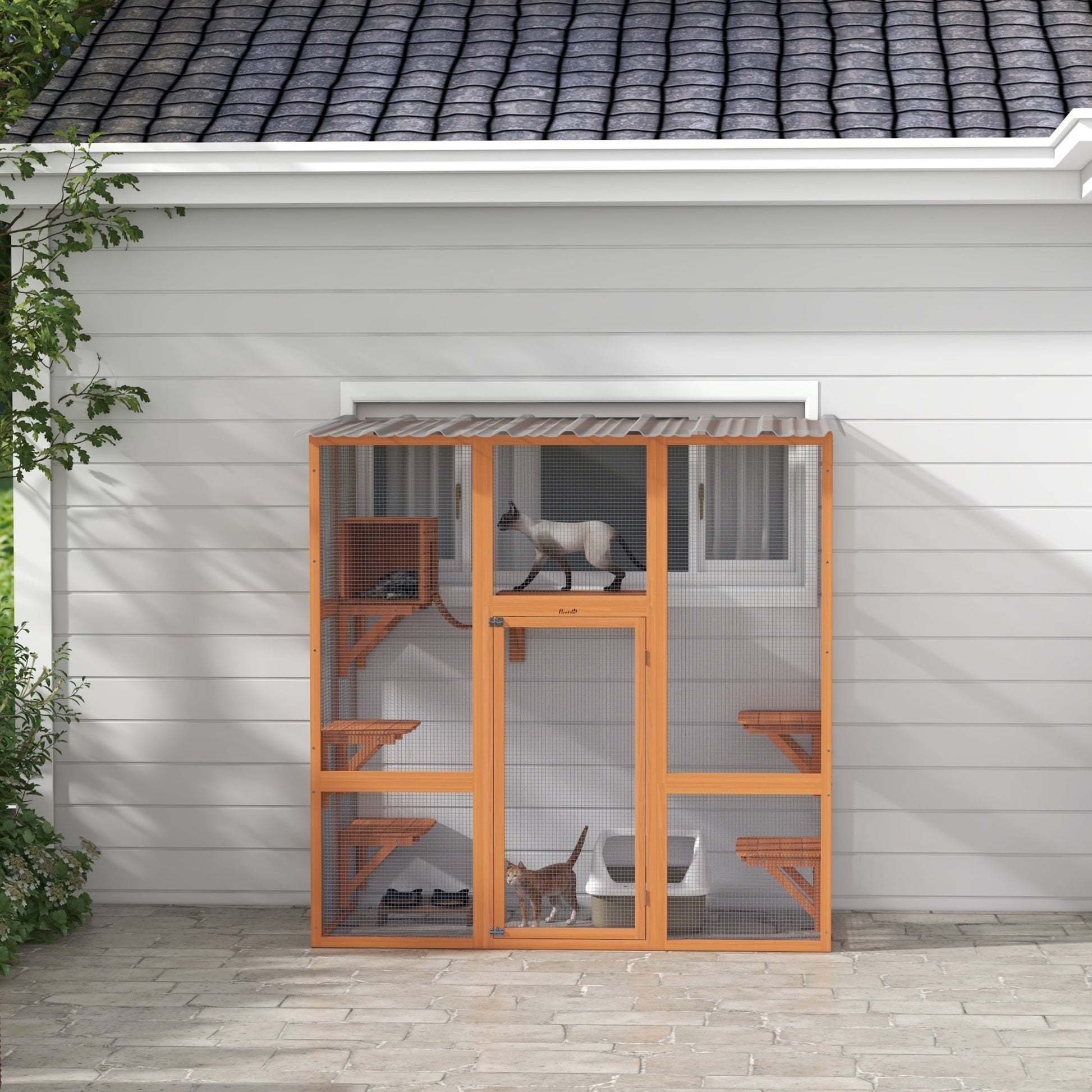 Outdoor Cat Enclosure Window Box with Weatherproof Roof, Bridge, Resting Box, Platforms, for 2 Kittens, Orange Outdoor Cat Enclosures   at Gallery Canada