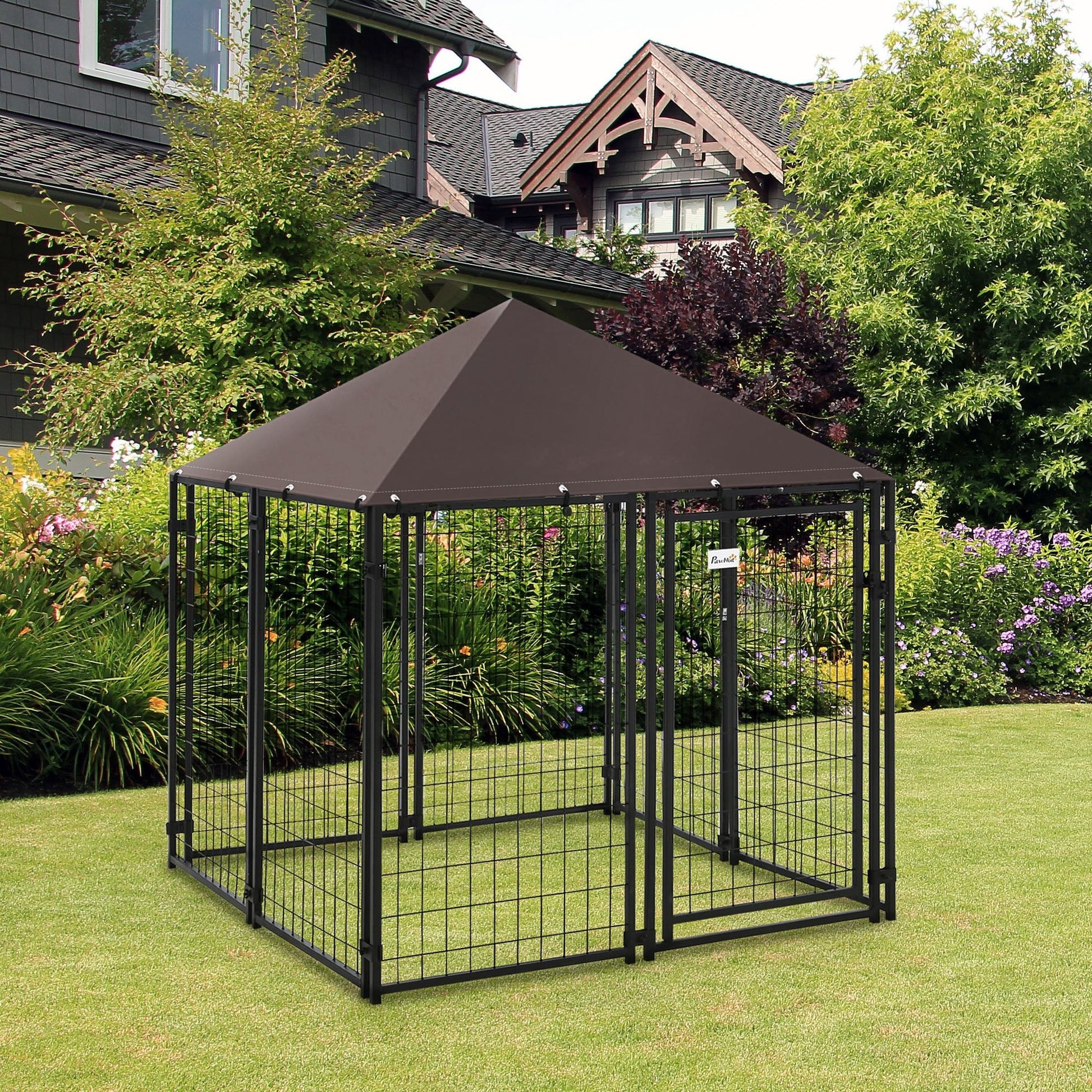 Outdoor Dog Kennel, Welded Wire Steel Fence, Lockable Pet Playpen Crate, with Water-, UV-Resistant Canopy Top, Door, 4.6ft x 4.6ft x 5ft, Black Houses, Kennels & Pens   at Gallery Canada