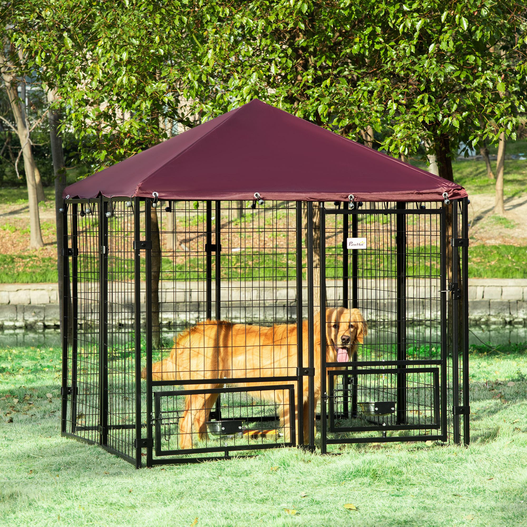 Welded Wire Dog Kennel with Canopy, Lockable Door, Bowl Holders, 4.6x4.6x5ft, Multi Colour Houses, Kennels & Pens   at Gallery Canada