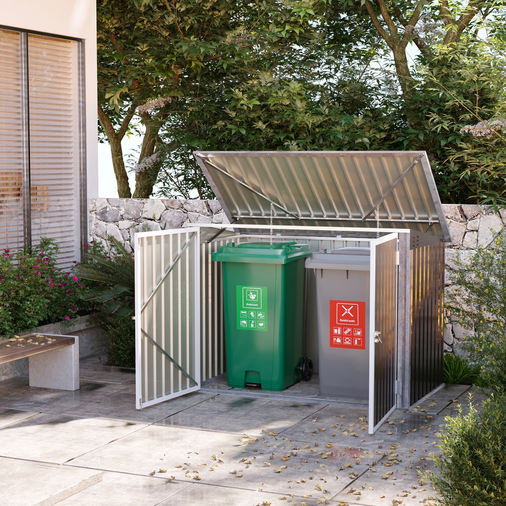 Outdoor Metal Storage Shed Garden Garbage Can Organizer with Double Door and Vents for 2 Trash Cans, Dark Grey Sheds   at Gallery Canada