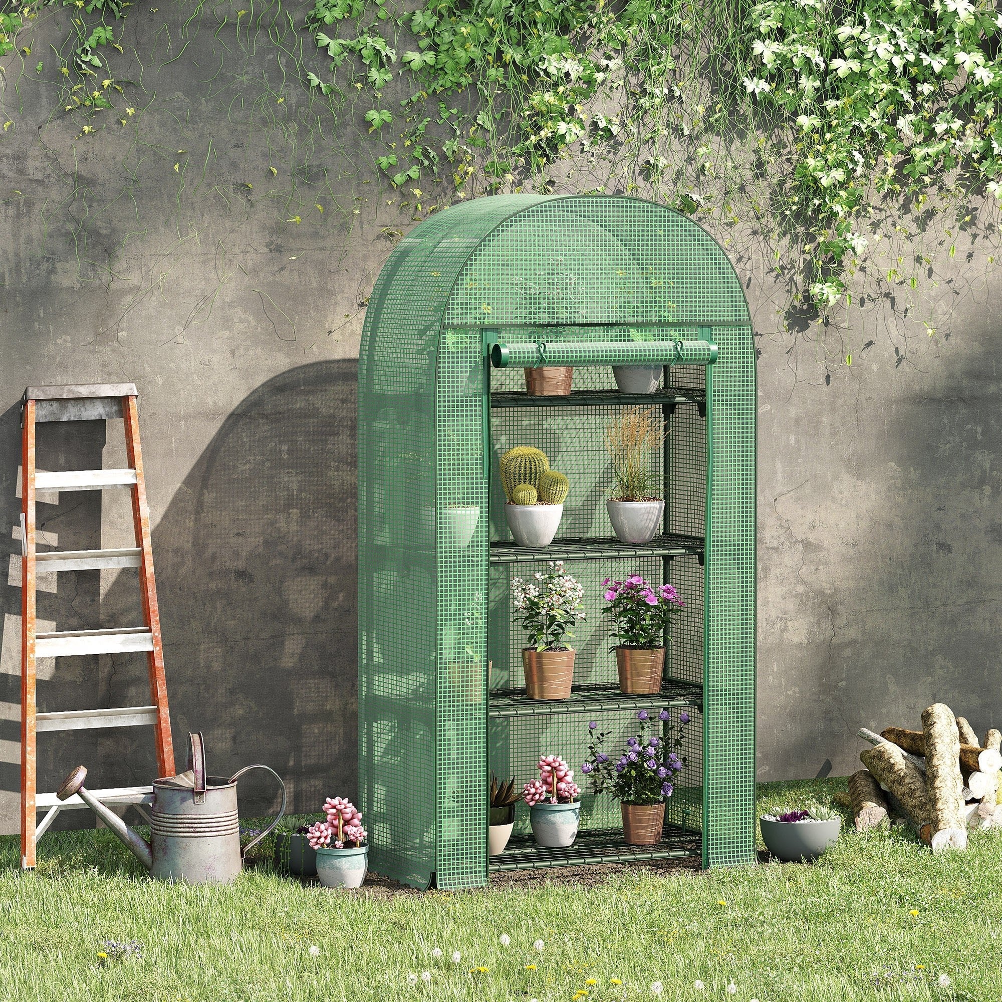 Outdoor Mini Greenhouse, Portable Green House with Storage Shelves, Zippered Door, PE Cover, 31.5