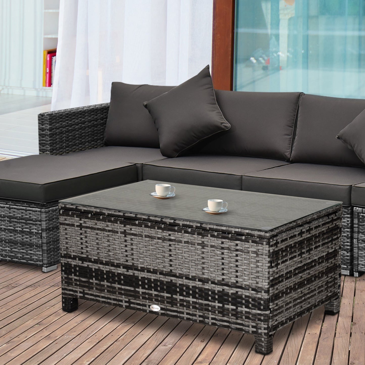 Outdoor PE Rattan Wicker Table, Patio Garden Side Table w/Glass Top for Patio, Balcony, Mixed Grey Coffee Tables   at Gallery Canada