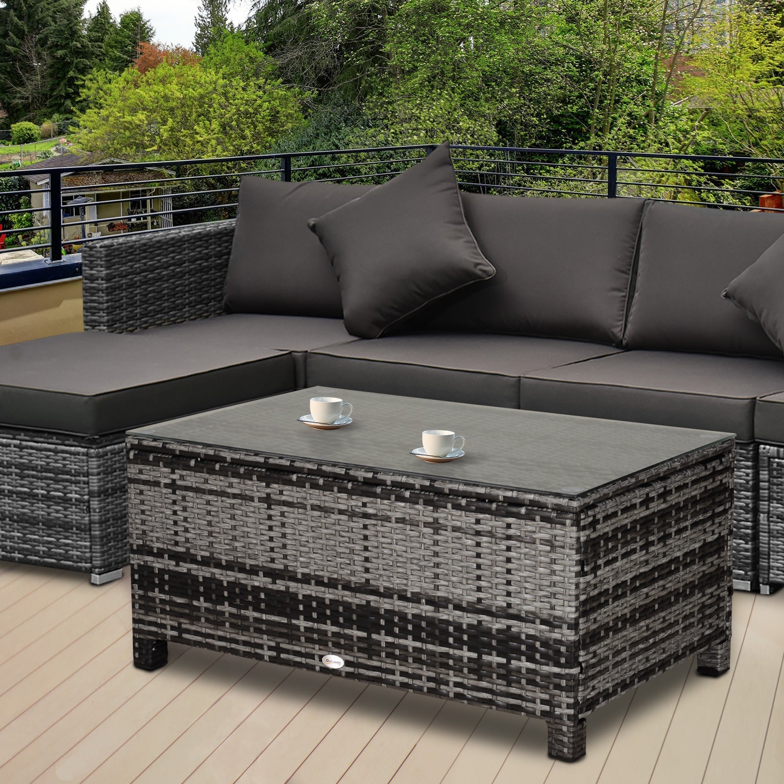 Outdoor PE Rattan Wicker Table, Patio Garden Side Table w/Glass Top for Patio, Balcony, Mixed Grey Coffee Tables   at Gallery Canada