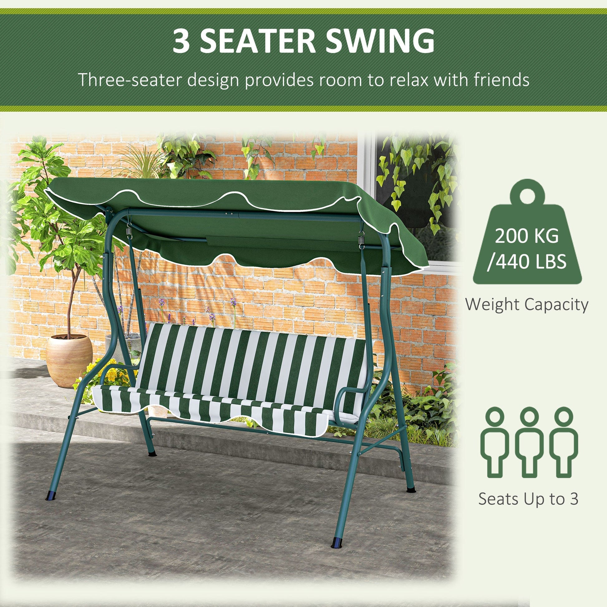 Outdoor Porch Swing with Adjustable Canopy, 3-Seater Patio Swing Chair with Cushion, Green - Gallery Canada