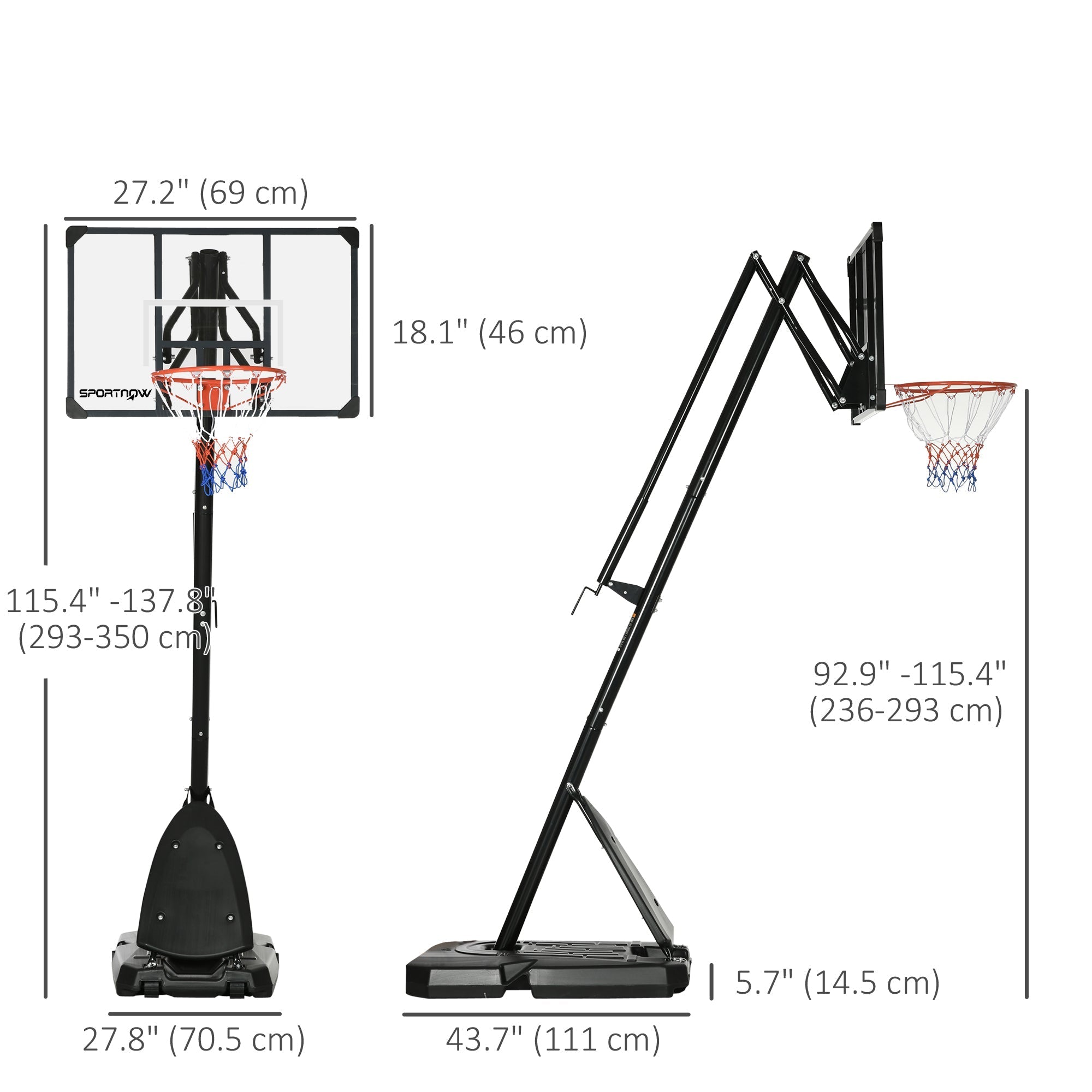 Outdoor Portable Basketball Hoop and Stand with Backboard Weighted Base Wheels, 115.4