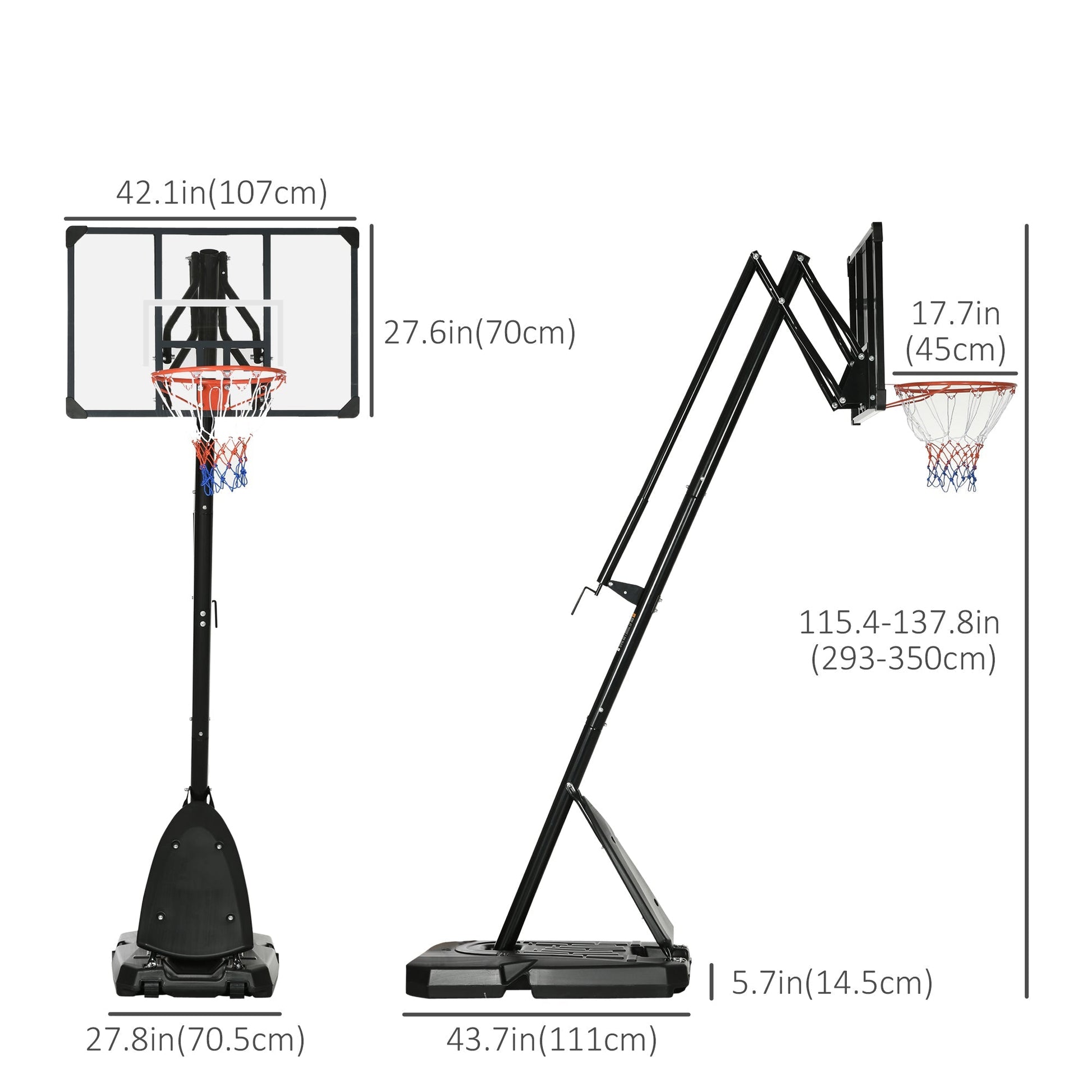 Outdoor Portable Basketball Hoop and Stand with Backboard Weighted Base Wheels, 115.4"-137.8" Height Adjustable - Gallery Canada