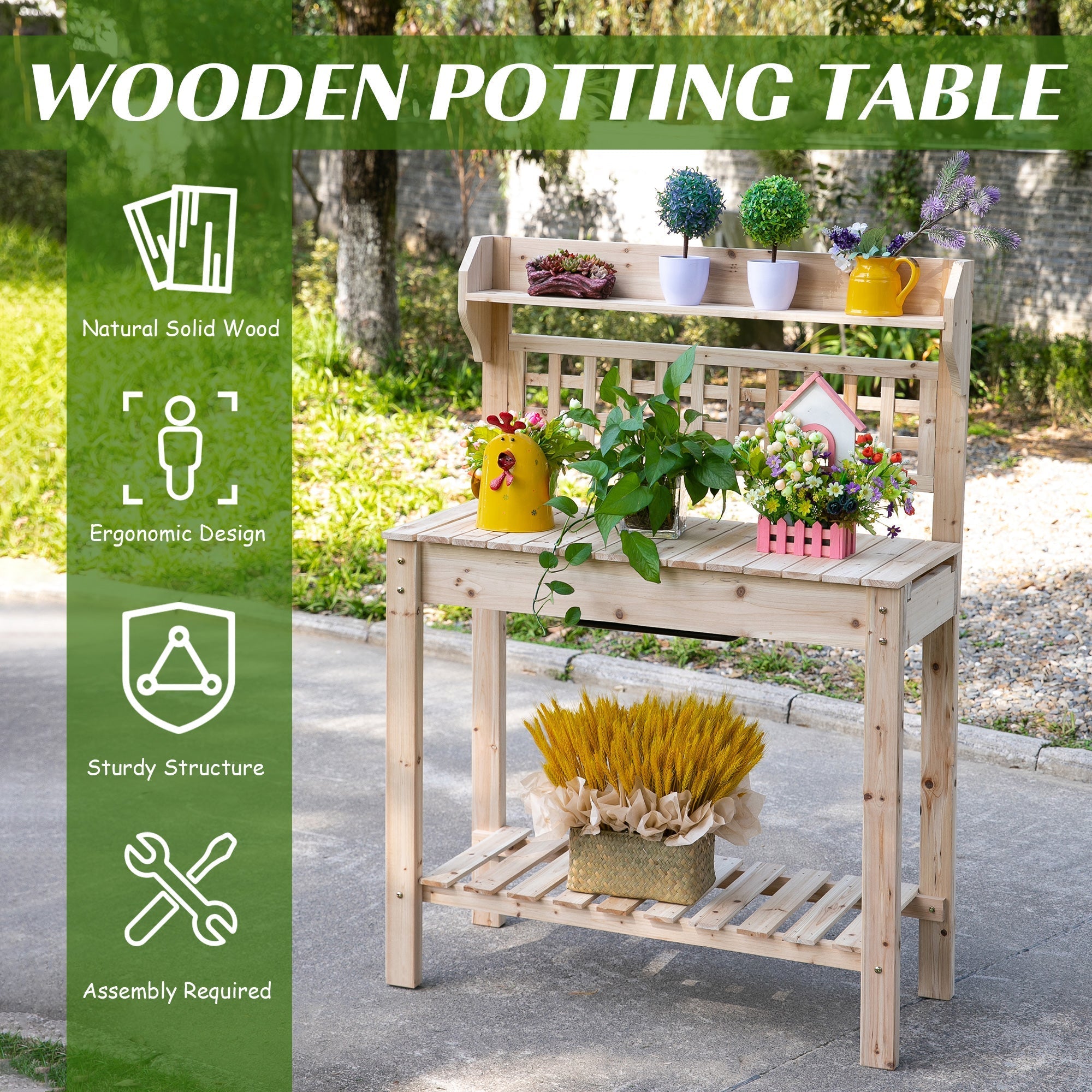 Wooden Potting Bench with Sliding Tabletop, Storage Shelf, Dry Sink, Natural Potting Benches & Tables   at Gallery Canada