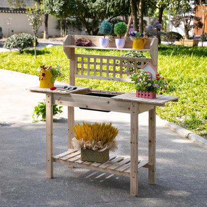 Wooden Potting Bench with Sliding Tabletop, Storage Shelf, Dry Sink, Natural Potting Benches & Tables   at Gallery Canada