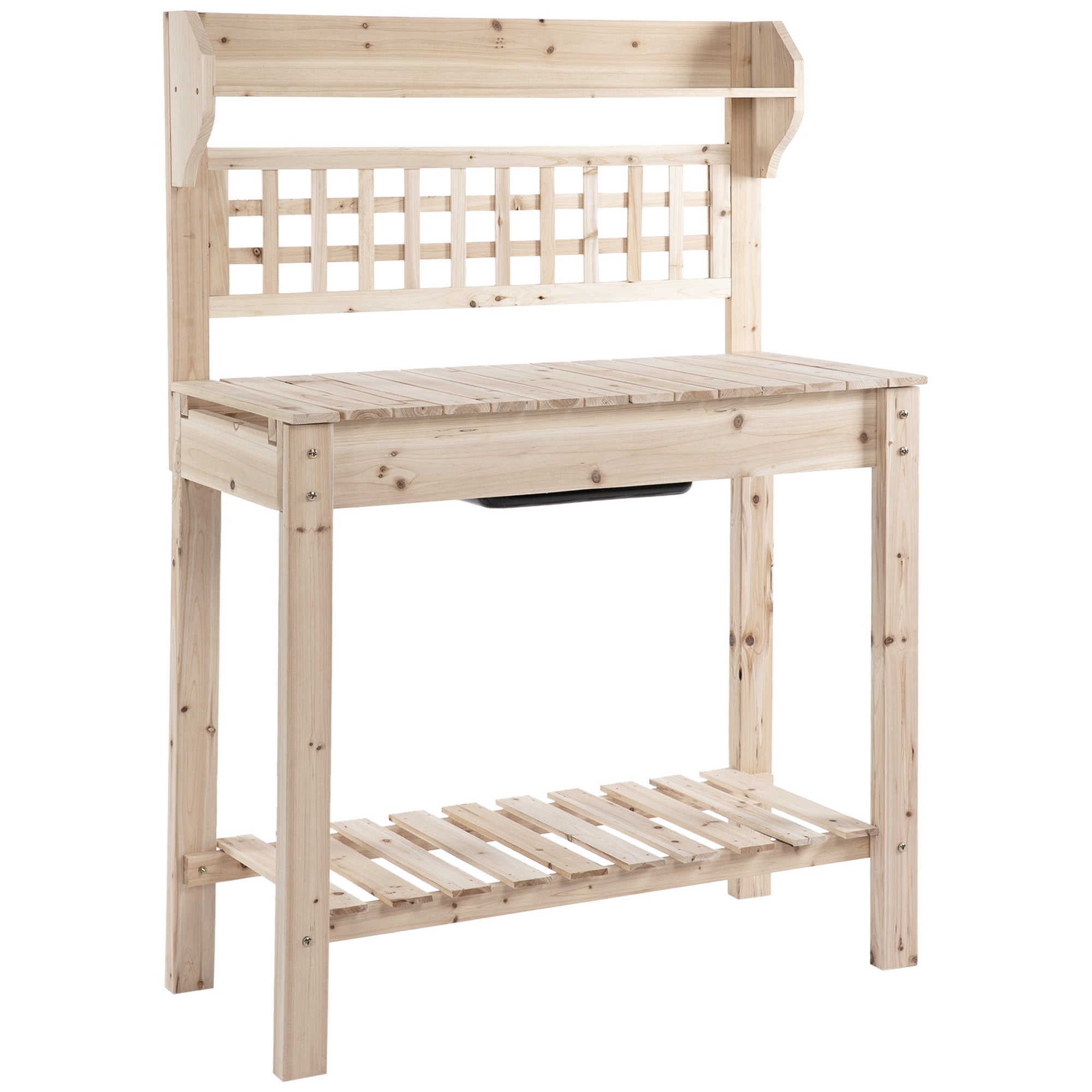 Wooden Potting Bench with Sliding Tabletop, Storage Shelf, Dry Sink, Natural Potting Benches & Tables Natural  at Gallery Canada