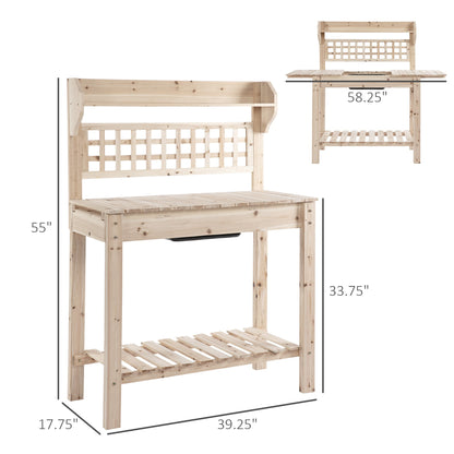 Wooden Potting Bench with Sliding Tabletop, Storage Shelf, Dry Sink, Natural Potting Benches & Tables   at Gallery Canada