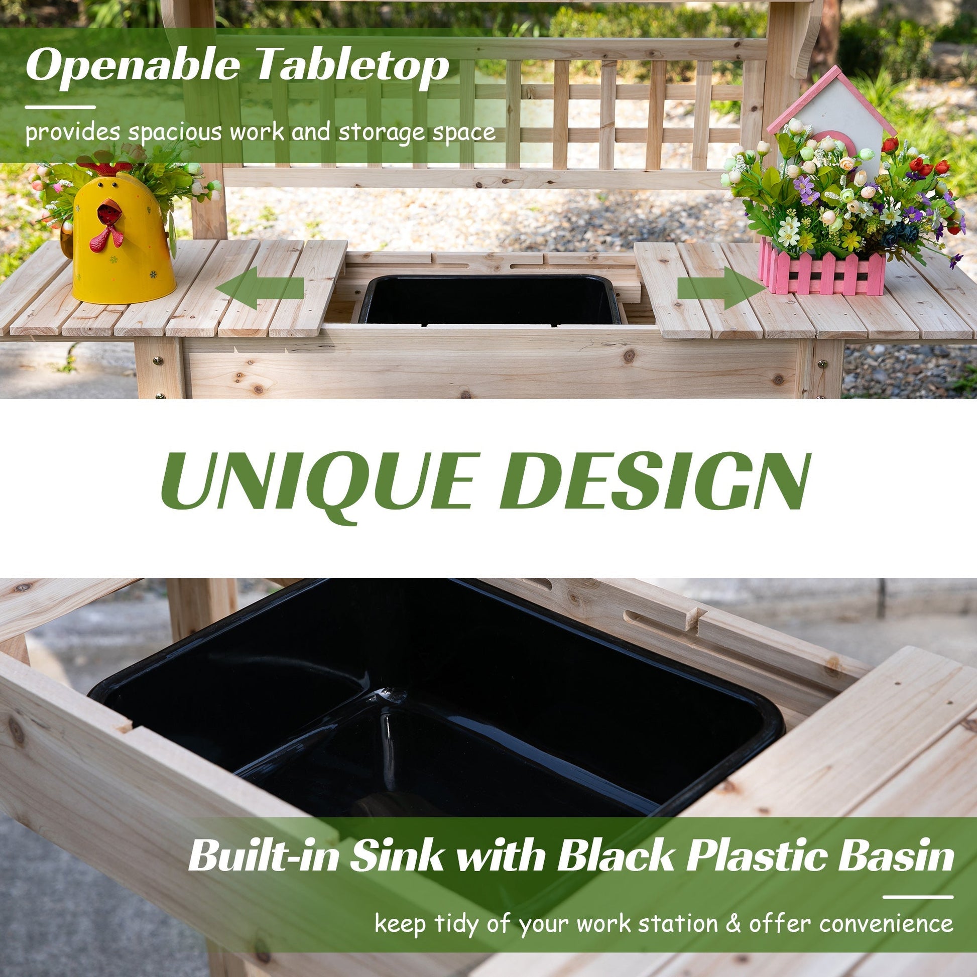 Wooden Potting Bench with Sliding Tabletop, Storage Shelf, Dry Sink, Natural Potting Benches & Tables   at Gallery Canada