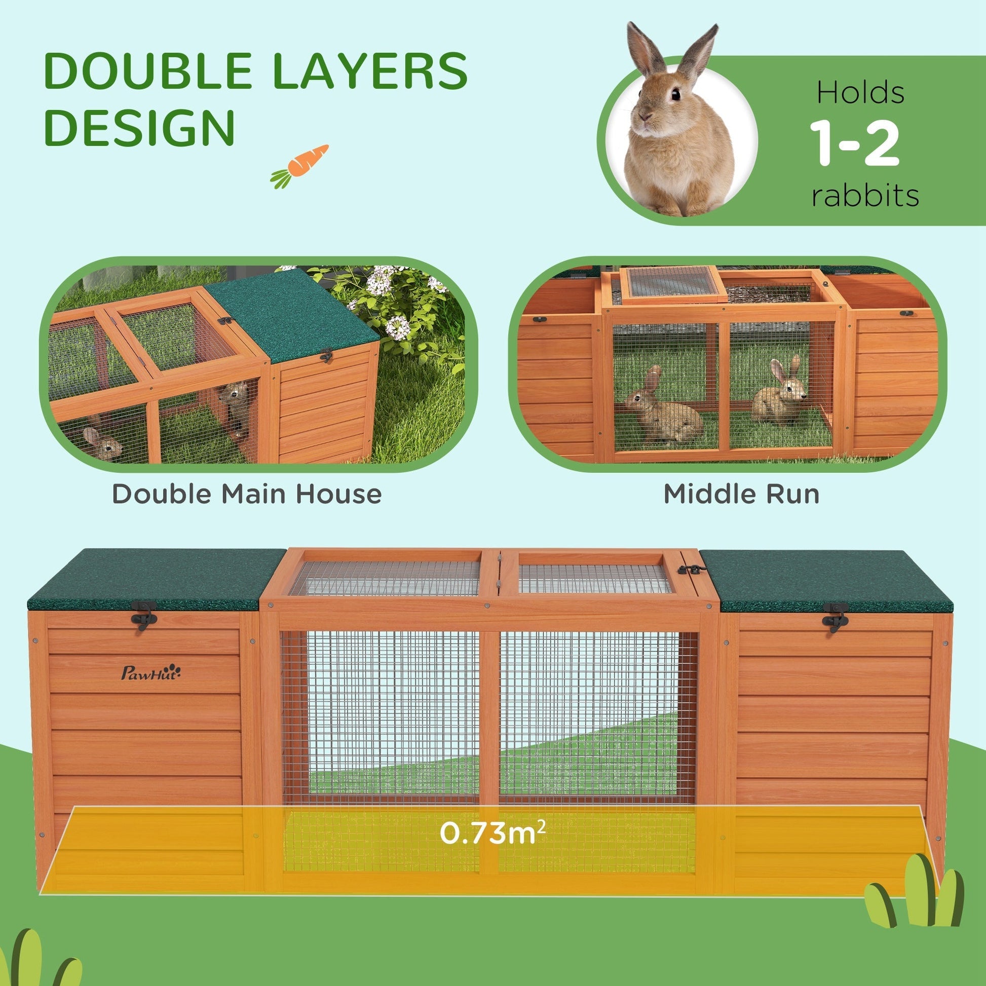 Outdoor Rabbit Cage Wooden Rabbit Hutch with Double Main House, Openable Tops, Asphalt Roofs for 1-2 Rabbits, Orange Rabbit Hutch   at Gallery Canada