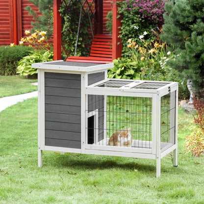 Outdoor Rabbit Hutch Wooden Bunny Hutch Rabbit Litter Box with Run,Open Roof, 36.25"L x 20"W x 30"H, Grey/White Rabbit Hutch   at Gallery Canada