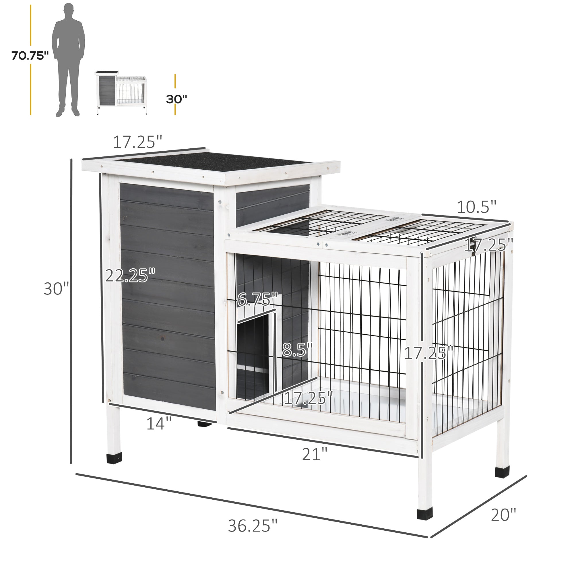 Outdoor Rabbit Hutch Wooden Bunny Hutch Rabbit Litter Box with Run,Open Roof, 36.25