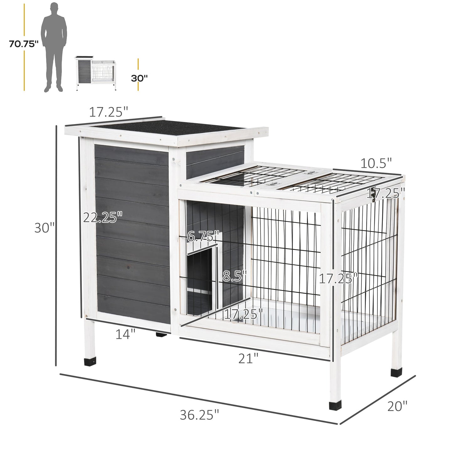 Outdoor Rabbit Hutch Wooden Bunny Hutch Rabbit Litter Box with Run,Open Roof, 36.25"L x 20"W x 30"H, Grey/White Rabbit Hutch   at Gallery Canada