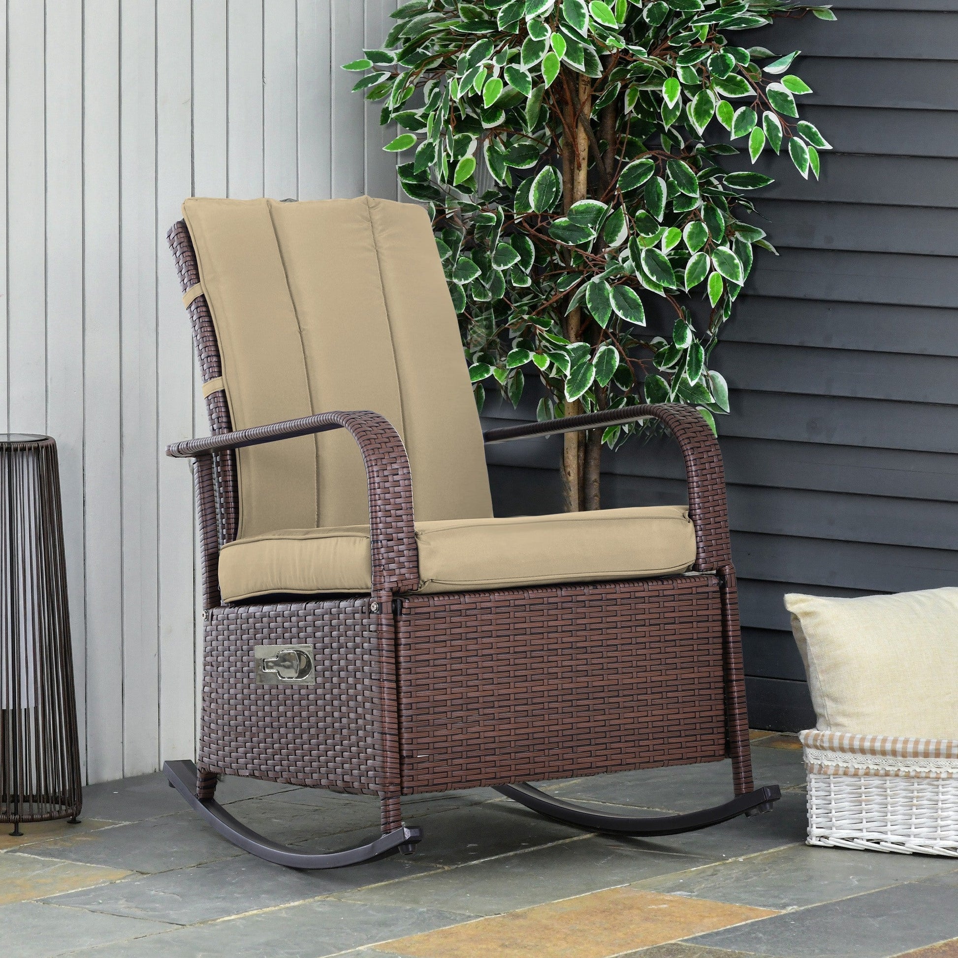 Outdoor Wicker Rocking Chair Patio PE Rattan Recliner Chair with Cushion, Adjustable Footrest, Armrests, Khaki Outdoor Rocking Chairs   at Gallery Canada