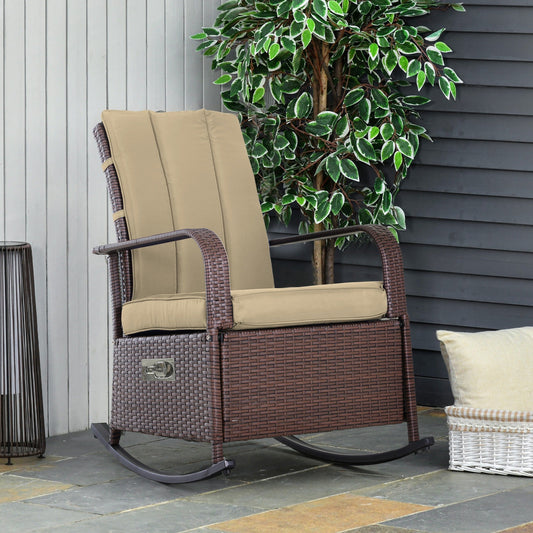 Outdoor Wicker Rocking Chair Patio PE Rattan Recliner Chair with Cushion, Adjustable Footrest, Armrests, Khaki Outdoor Rocking Chairs Multi Colour  at Gallery Canada