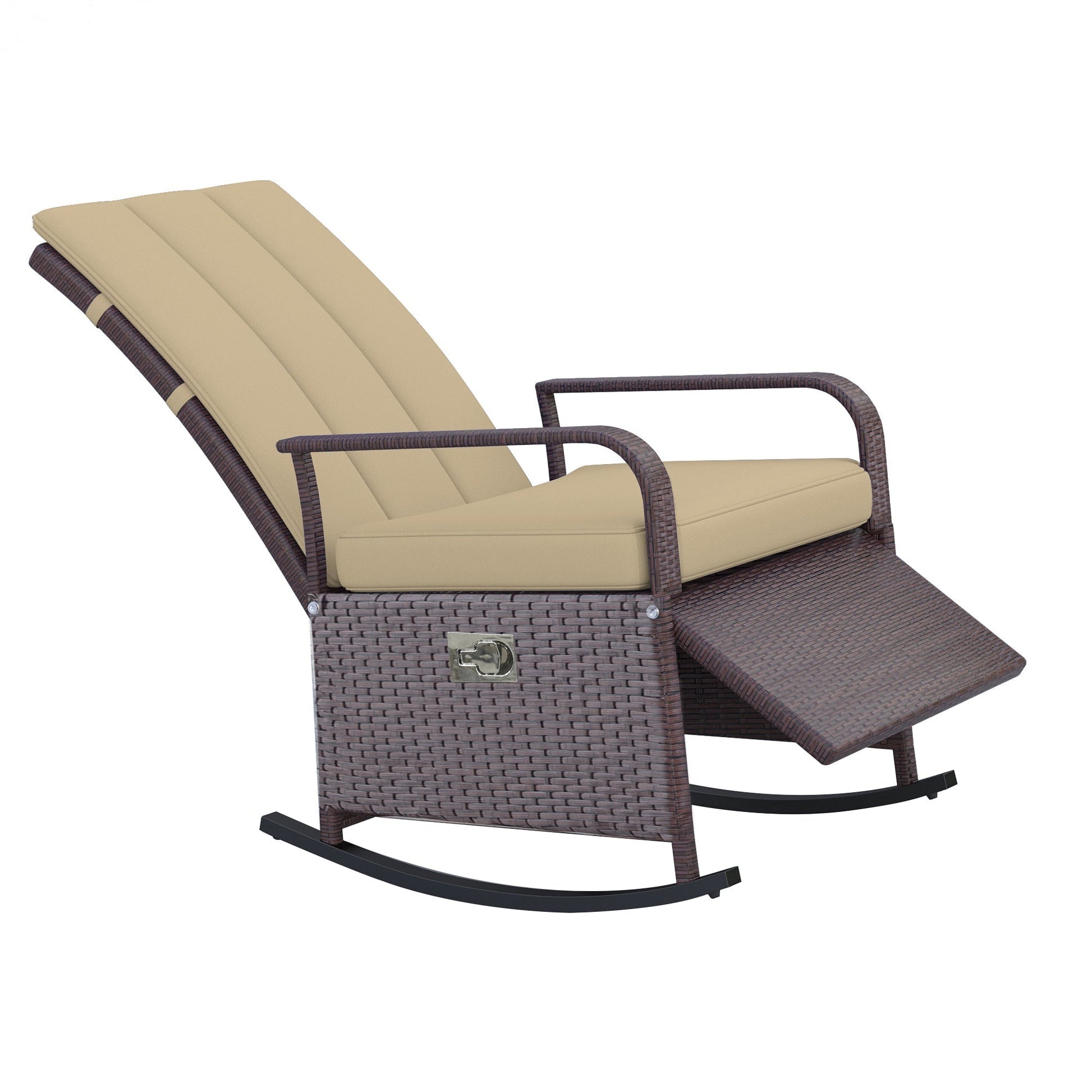 Outdoor Wicker Rocking Chair Patio PE Rattan Recliner Chair with Cushion, Adjustable Footrest, Armrests, Khaki Outdoor Rocking Chairs Multi Colour  at Gallery Canada