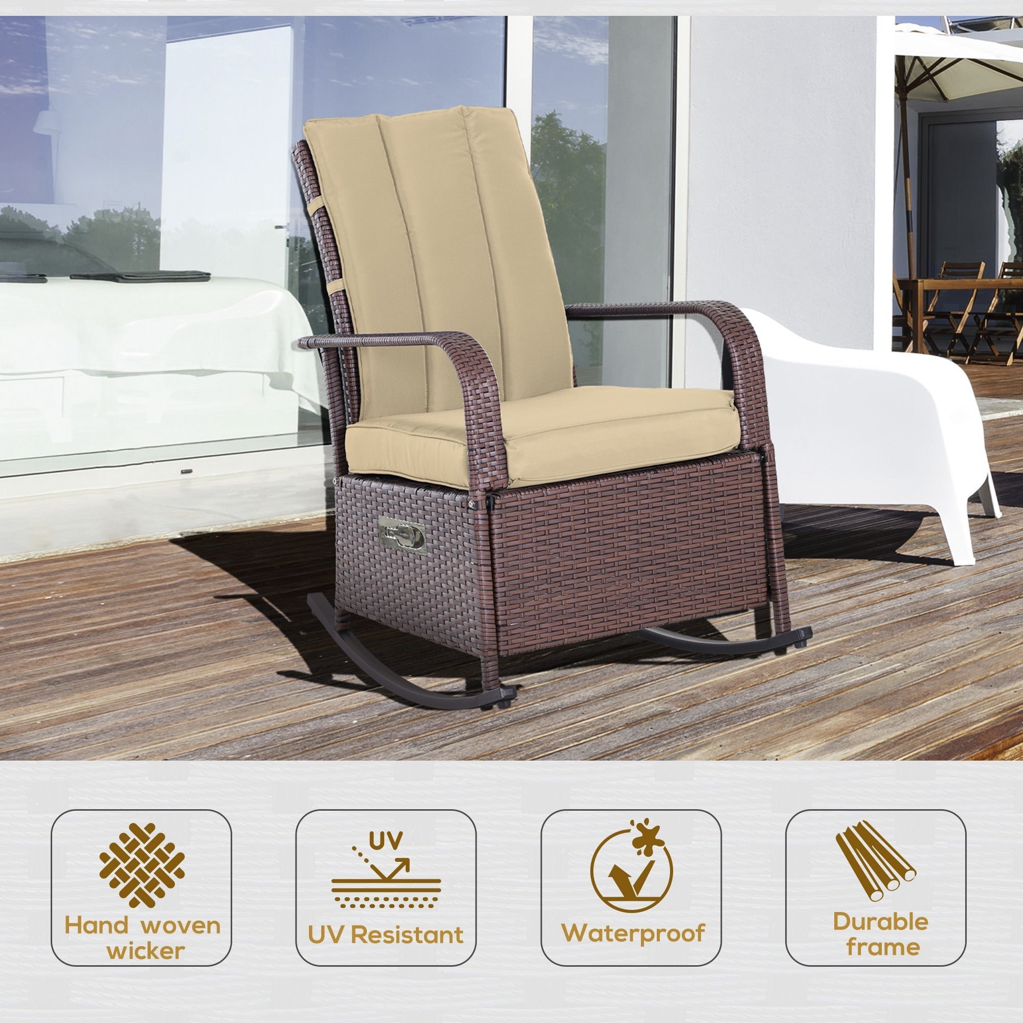 Outdoor Wicker Rocking Chair Patio PE Rattan Recliner Chair with Cushion, Adjustable Footrest, Armrests, Khaki Outdoor Rocking Chairs   at Gallery Canada