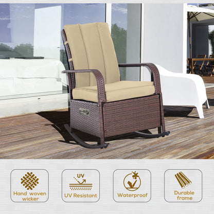 Outdoor Wicker Rocking Chair Patio PE Rattan Recliner Chair with Cushion, Adjustable Footrest, Armrests, Khaki Outdoor Rocking Chairs   at Gallery Canada