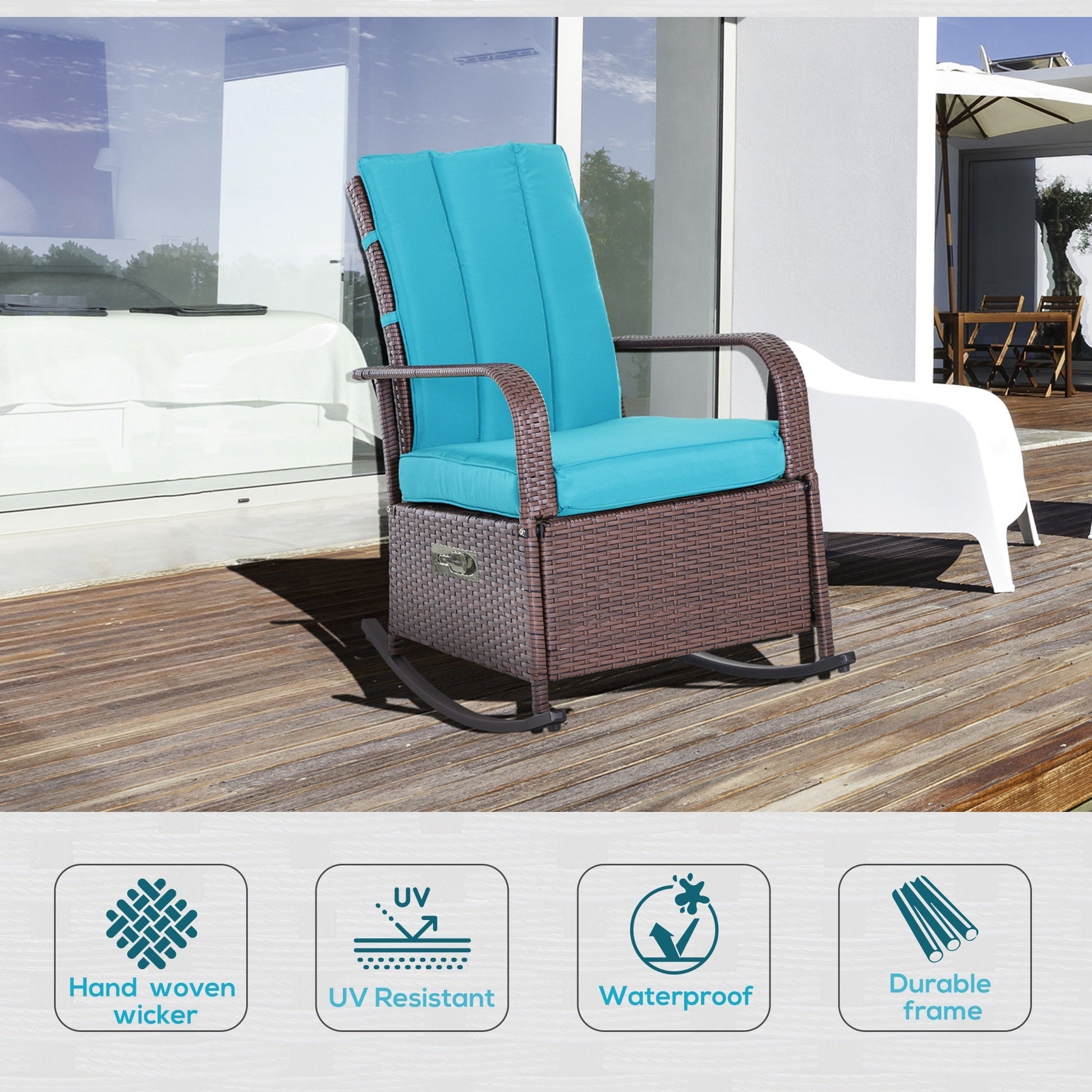 Outdoor Wicker Rocking Chair Patio PE Rattan Recliner Chair with Cushion, Adjustable Footrest, Armrests, Turquoise Outdoor Rocking Chairs   at Gallery Canada