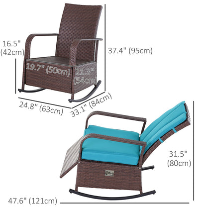 Outdoor Wicker Rocking Chair Patio PE Rattan Recliner Chair with Cushion, Adjustable Footrest, Armrests, Turquoise Outdoor Rocking Chairs   at Gallery Canada