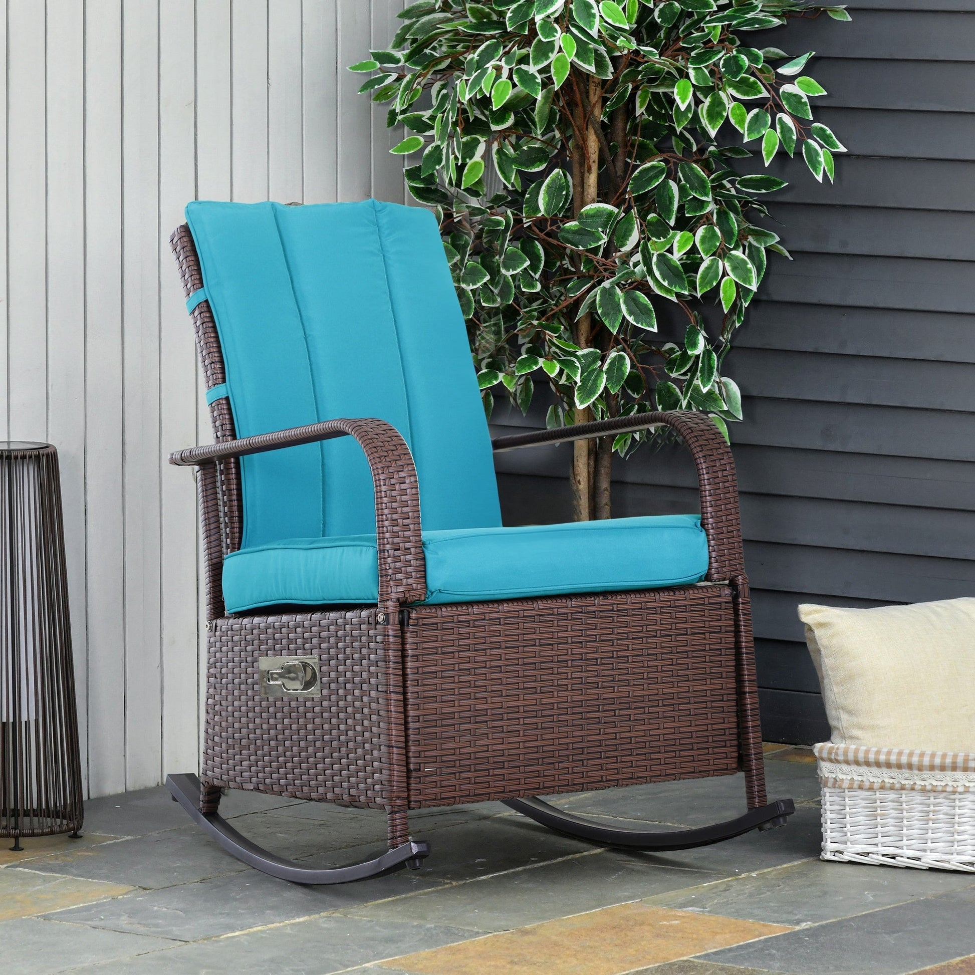 Outdoor Wicker Rocking Chair Patio PE Rattan Recliner Chair with Cushion, Adjustable Footrest, Armrests, Turquoise Outdoor Rocking Chairs   at Gallery Canada