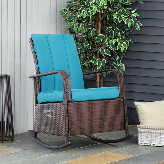 Outdoor Wicker Rocking Chair Patio PE Rattan Recliner Chair with Cushion, Adjustable Footrest, Armrests, Turquoise Outdoor Rocking Chairs Multi Colour  at Gallery Canada