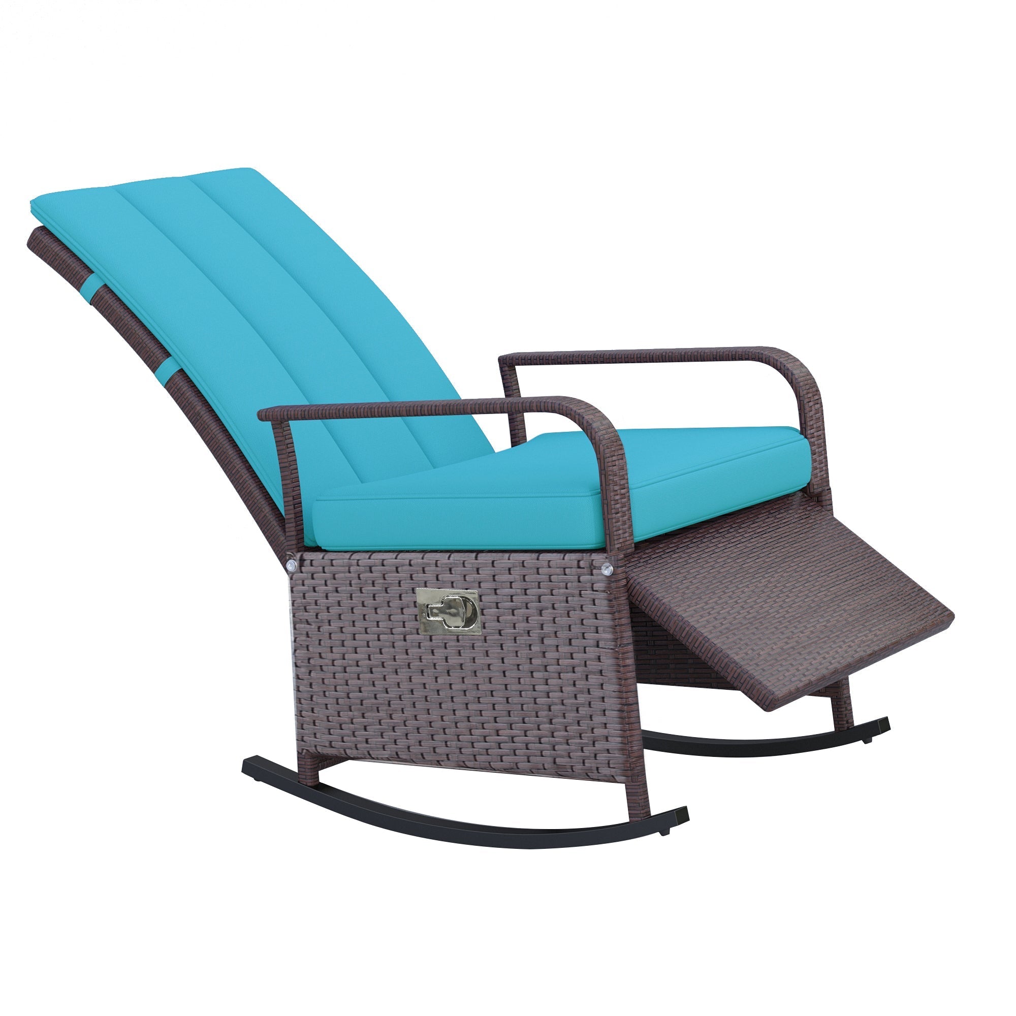 Outdoor Wicker Rocking Chair Patio PE Rattan Recliner Chair with Cushion, Adjustable Footrest, Armrests, Turquoise Outdoor Rocking Chairs Multi Colour  at Gallery Canada