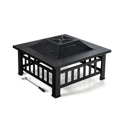 32 Inch 3 in 1 Outdoor Square Fire Pit Table with BBQ Grill and Rain Cover for Camping, Black Fire Pit Tables   at Gallery Canada