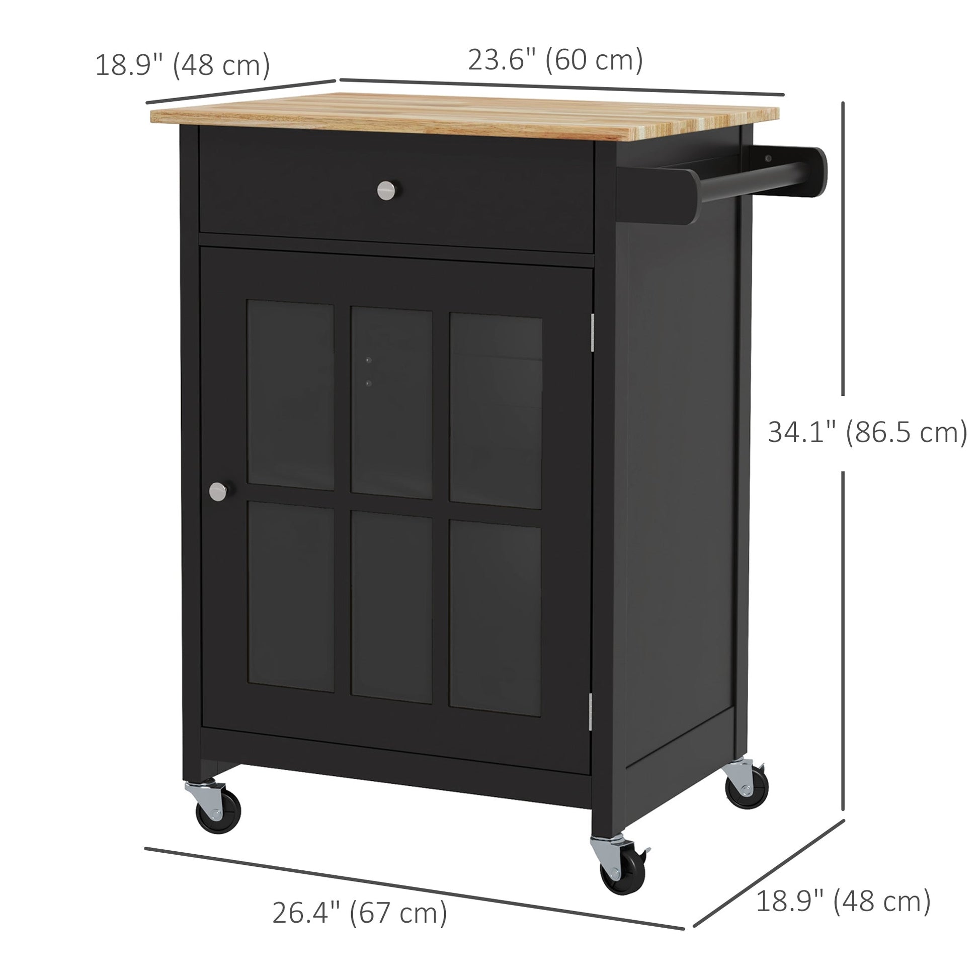 Rolling Kitchen Cart with Drawer and Glass Door Cabinet, Kitchen Island on Wheels with Towel Rack, Black Kitchen Islands & Kitchen Carts   at Gallery Canada