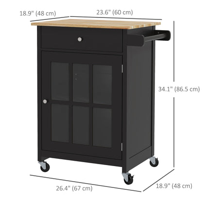 Rolling Kitchen Cart with Drawer and Glass Door Cabinet, Kitchen Island on Wheels with Towel Rack, Black Kitchen Islands & Kitchen Carts   at Gallery Canada